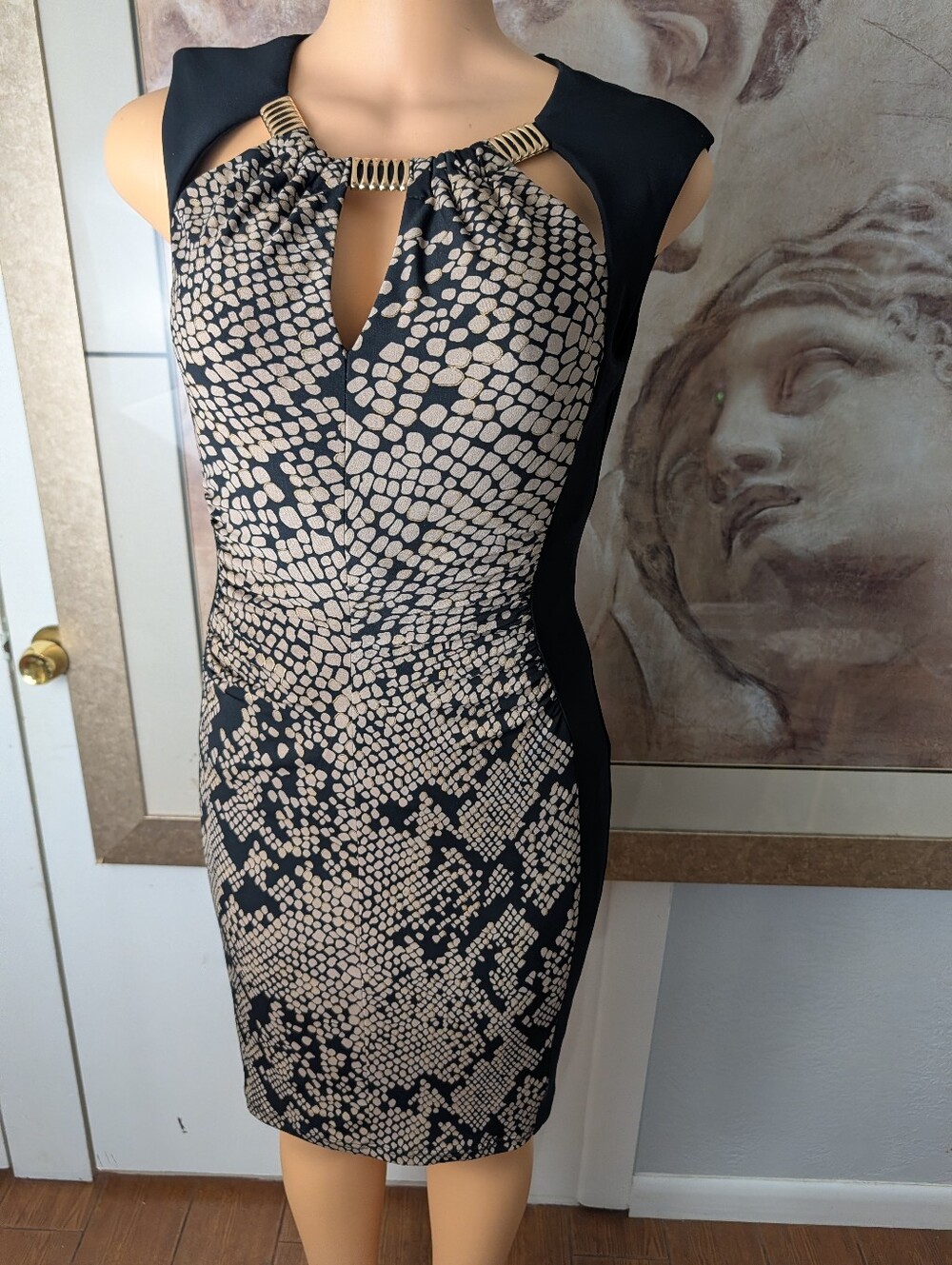 Joseph Ribkoff Black, Tan & Gold Snake Print Cocktail Dress Size 8